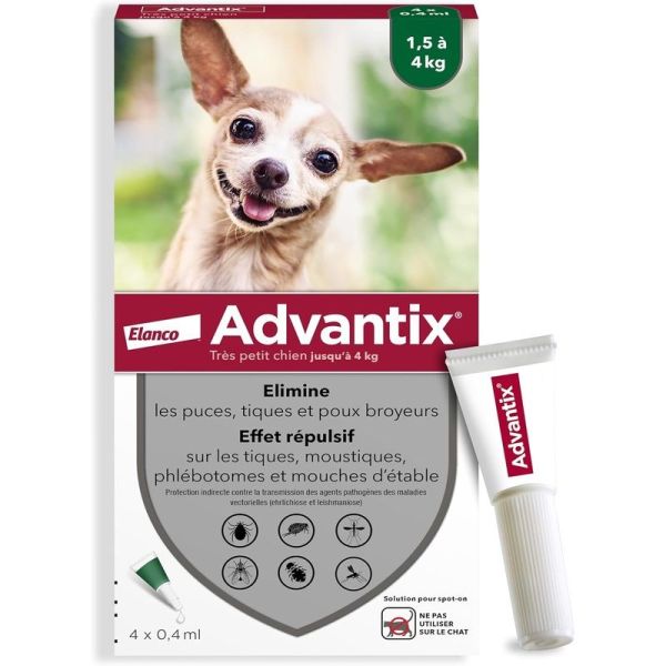 Advantix Très Petit Chien entre 1,5 et 4 kg - 4 x 0,4 ml