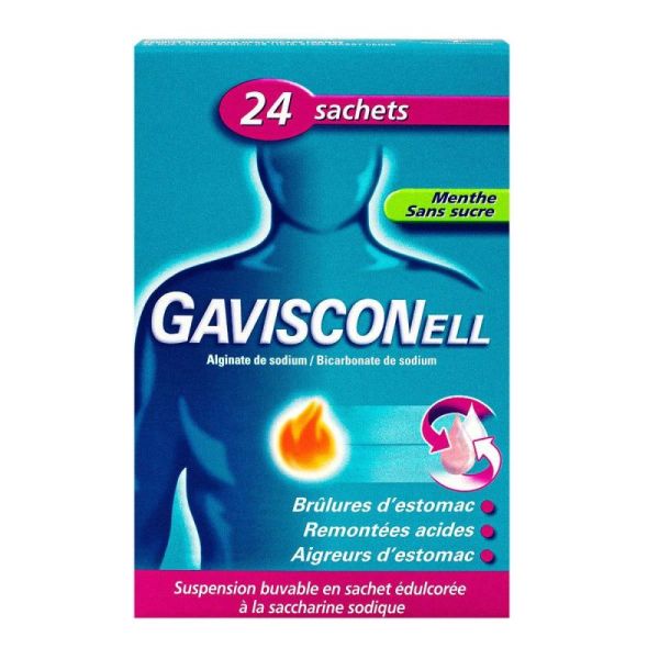 GAVISCONELL MENTHE SANS SUCRE, suspension buvable en sachet-dose édulcorée à la saccharine sodique- 24 sachets