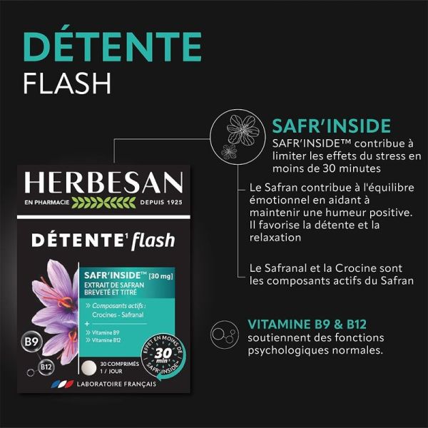 Détente Flash - Safran & vitamines B9-B12 - 30 comprimés