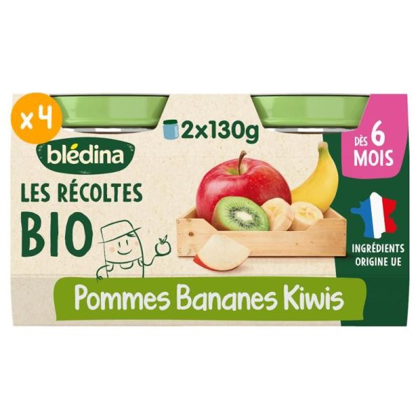 Les Récoltes Bio & Engagées Petits pots Pommes Bananes Kiwi - Lot de 4 x 130g